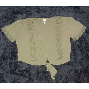 Belle Du Jour Cropped Tie Front Pointelle Blouse Large Sage Green Boho Festival